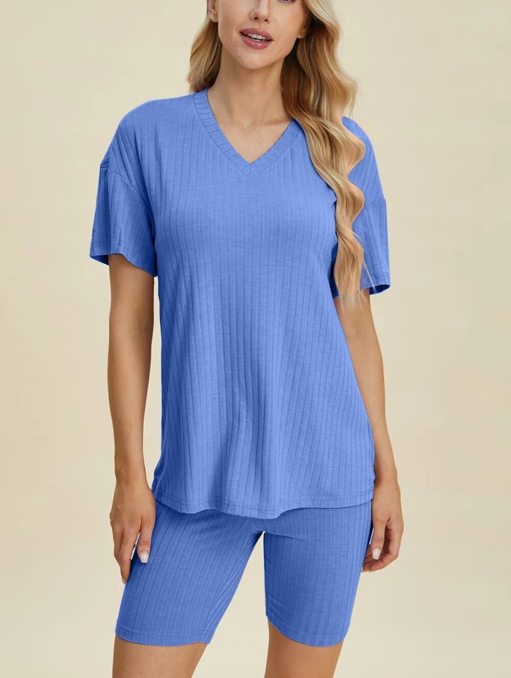 🌸Basic Bae Blue Ribbed V Neck Short Sleeve Top and Shorts Set